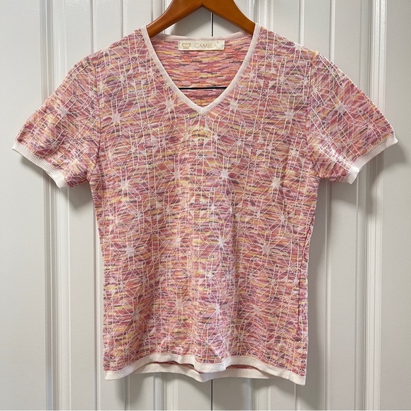 Vintage Camela Geometric Rainbow Knit V-Neck Tee Pink - Picture 3 of 13